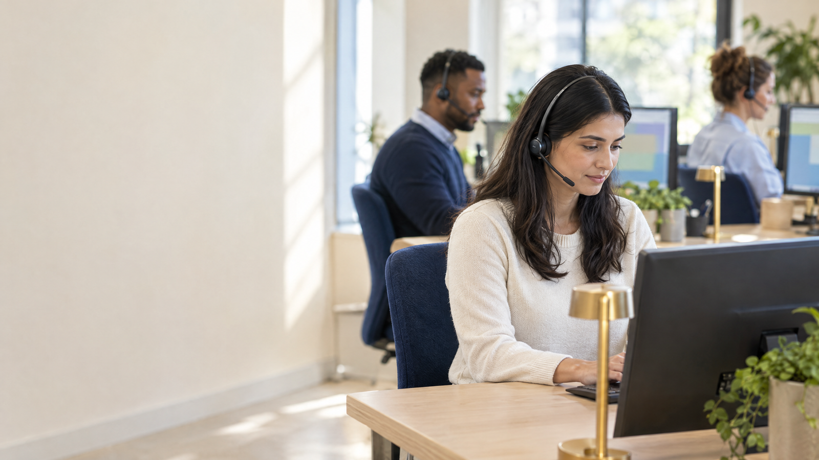 An agency team on headsets at their desks