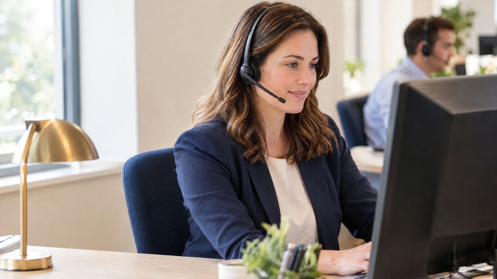 An agent with a headset at a desk